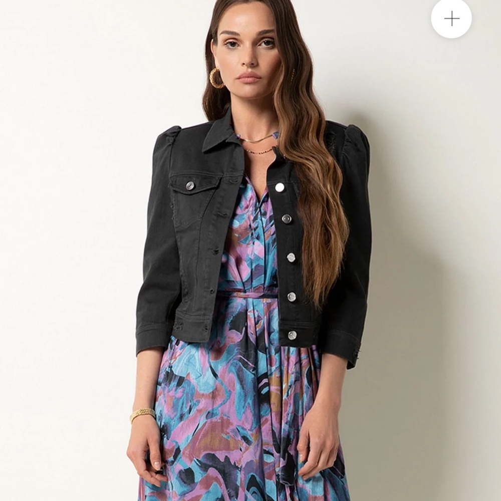Tart Dark Jean Jacket with Button Accents and Puff 3/4 Length Sleeves